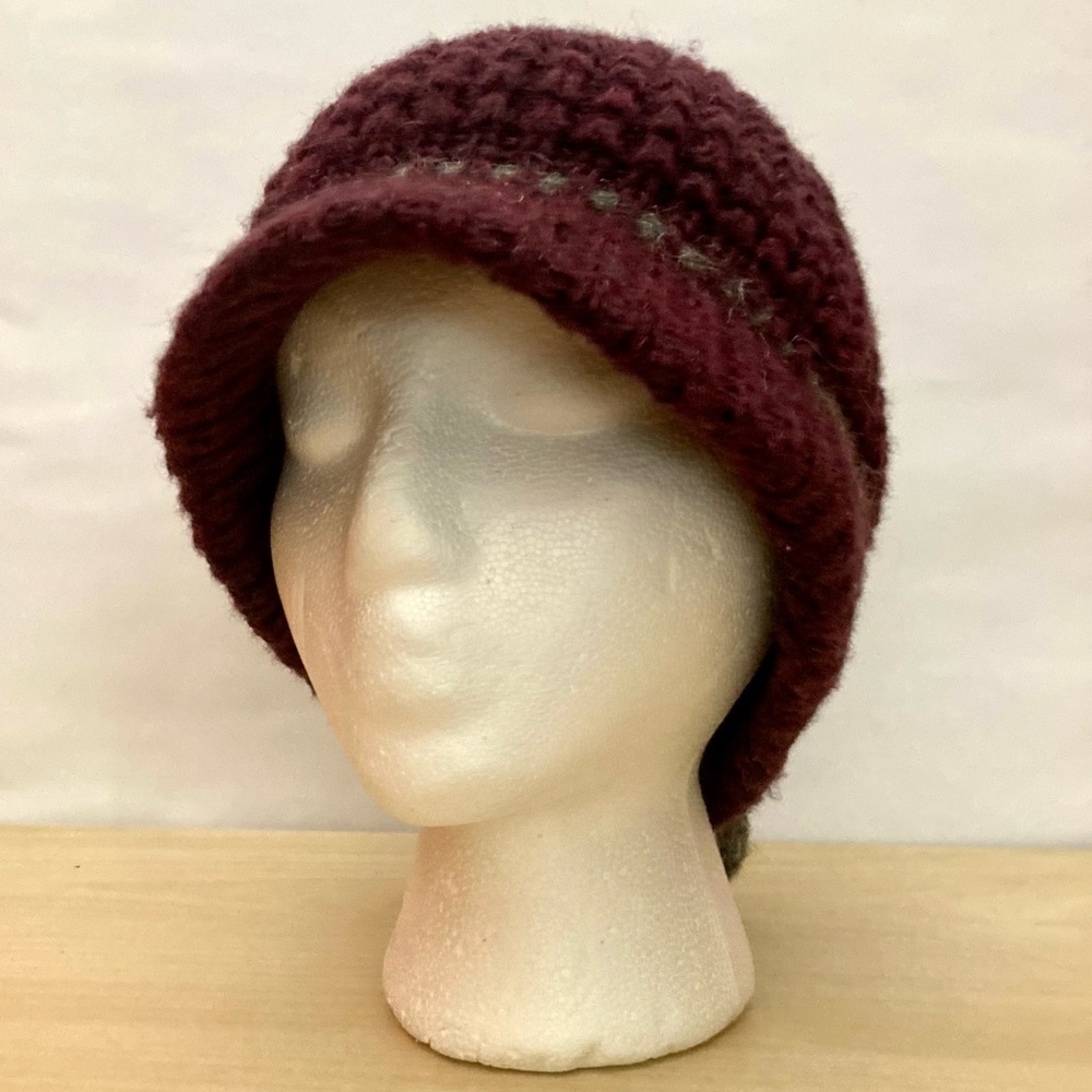 Cozy Purple and Grey Wool Knit Winter Hat with Brim and Pom Pom by Dohm